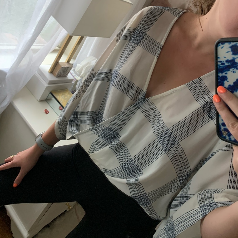 Blue and white wrap blouse
